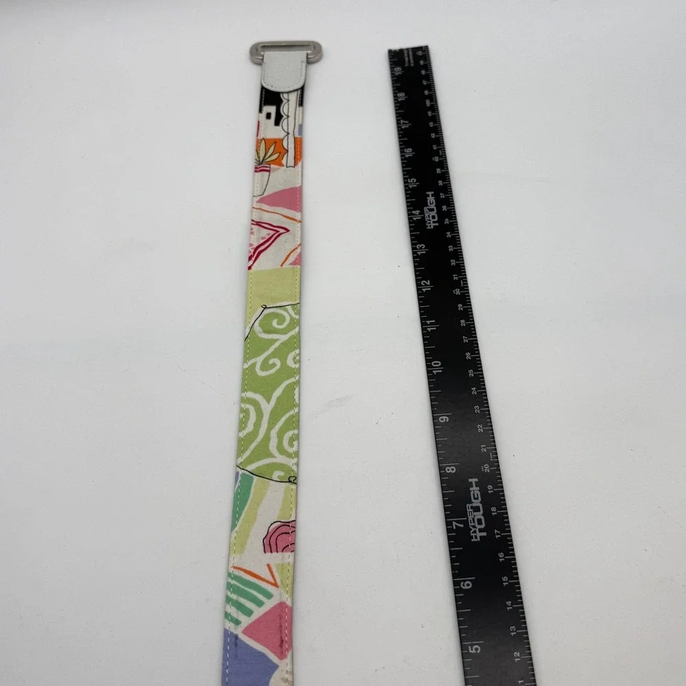 Talbots Womens XS White Leather Fabric Abstract Print Belt Silver Stud Closure